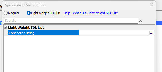 Light Weight List builder showing connection, table, and column options